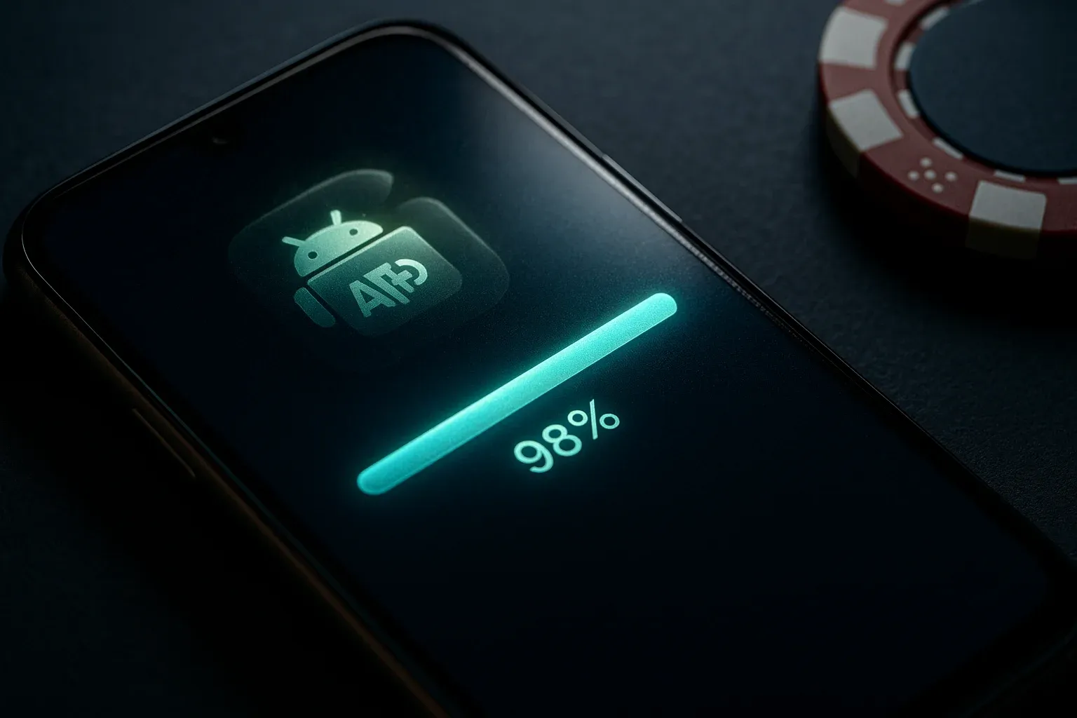 Macro photo of Android screen showing casino app APK download at 98%