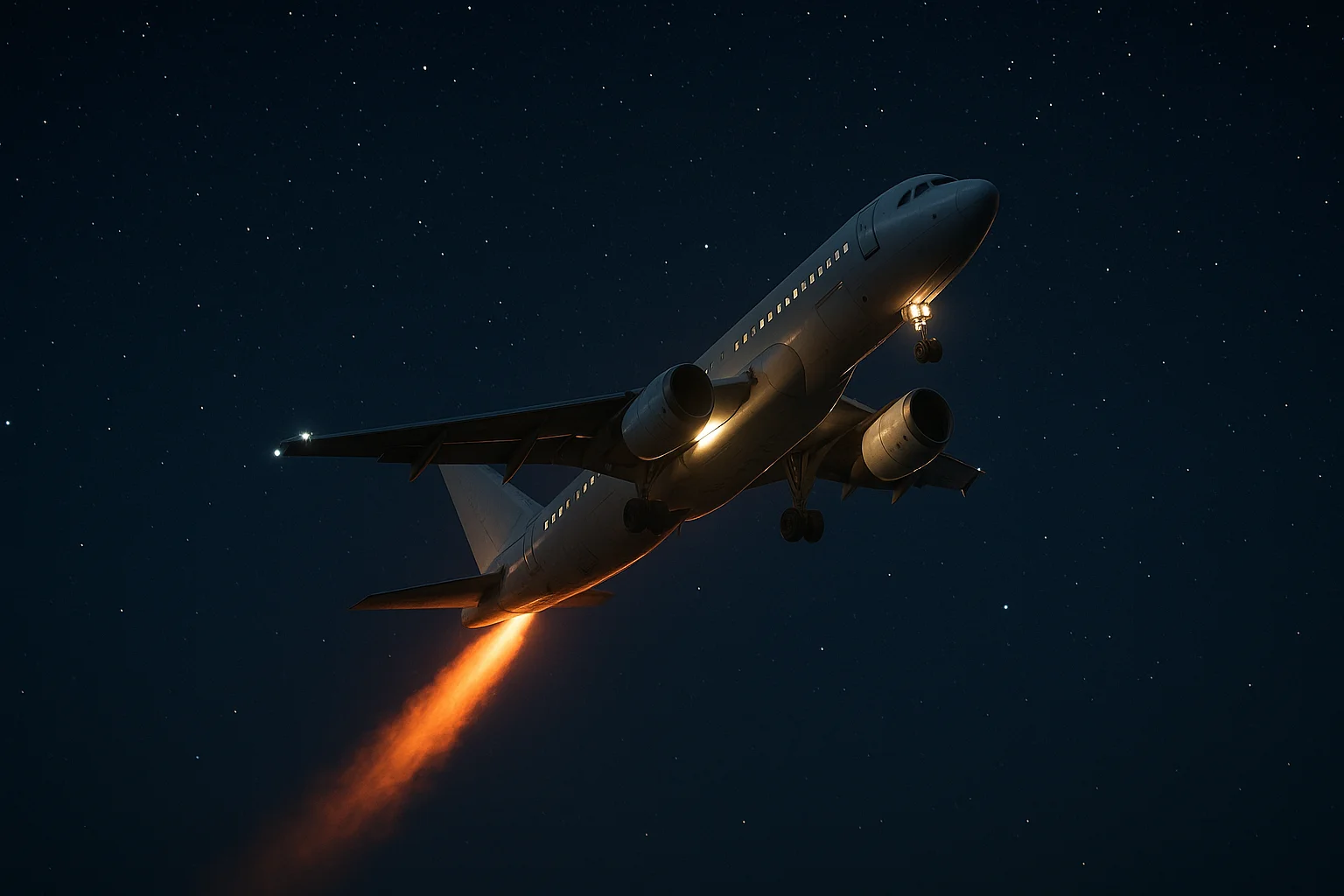 Illuminated aircraft ascending steeply in star-filled dark blue night sky