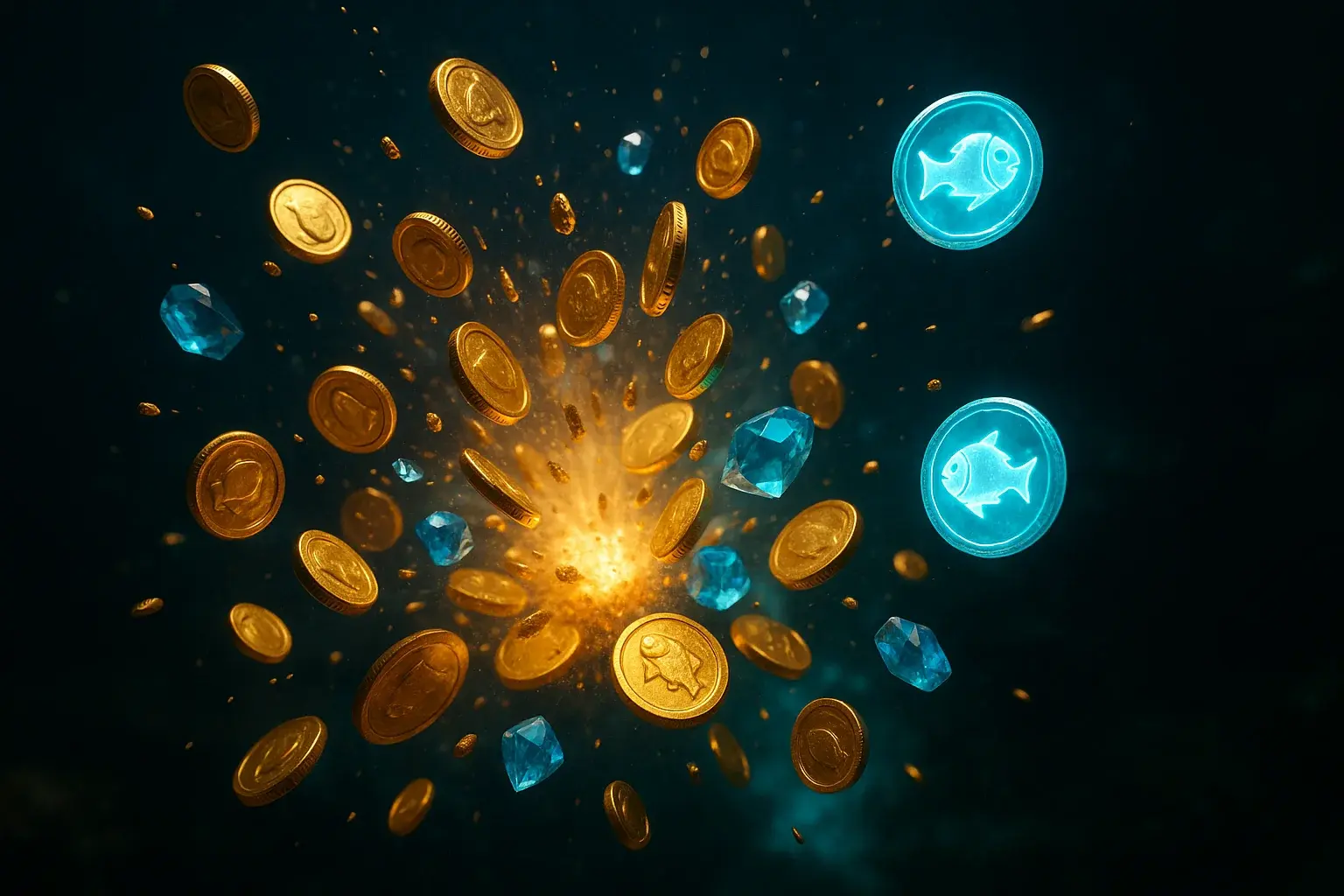 Cinematic explosion of fishing game rewards with coins, gems, glowing fish tokens