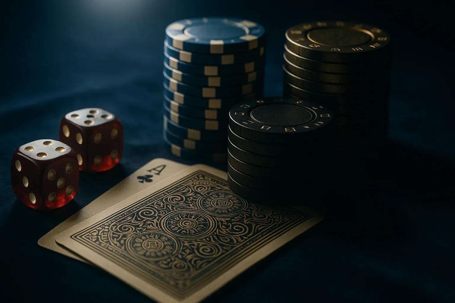 Ultra-realistic macro of poker chips, cards, and dice on dark blue velvet
