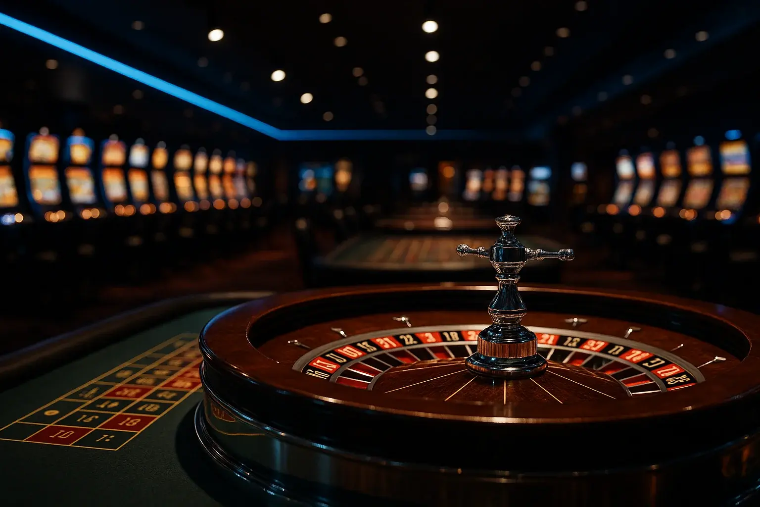 Ultra-realistic Manila casino floor at night with sharp roulette table foreground
