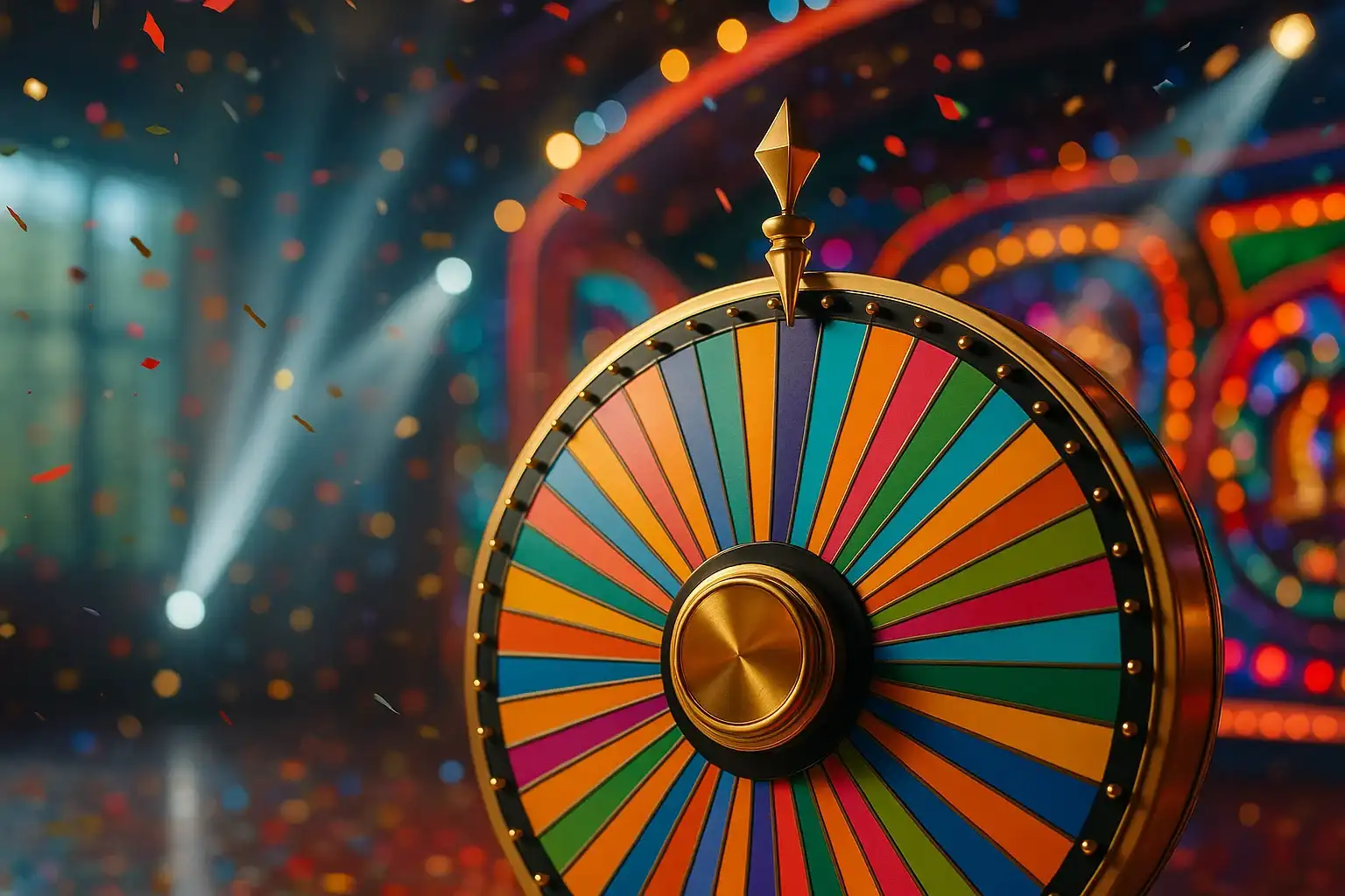 Ultra-realistic live casino studio with colorful spinning money wheel and confetti