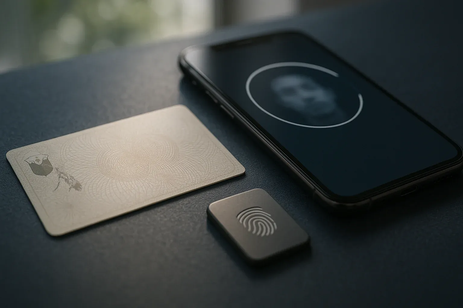 Macro photo of PhilSys card back, smartphone face scan, fingerprint sensor