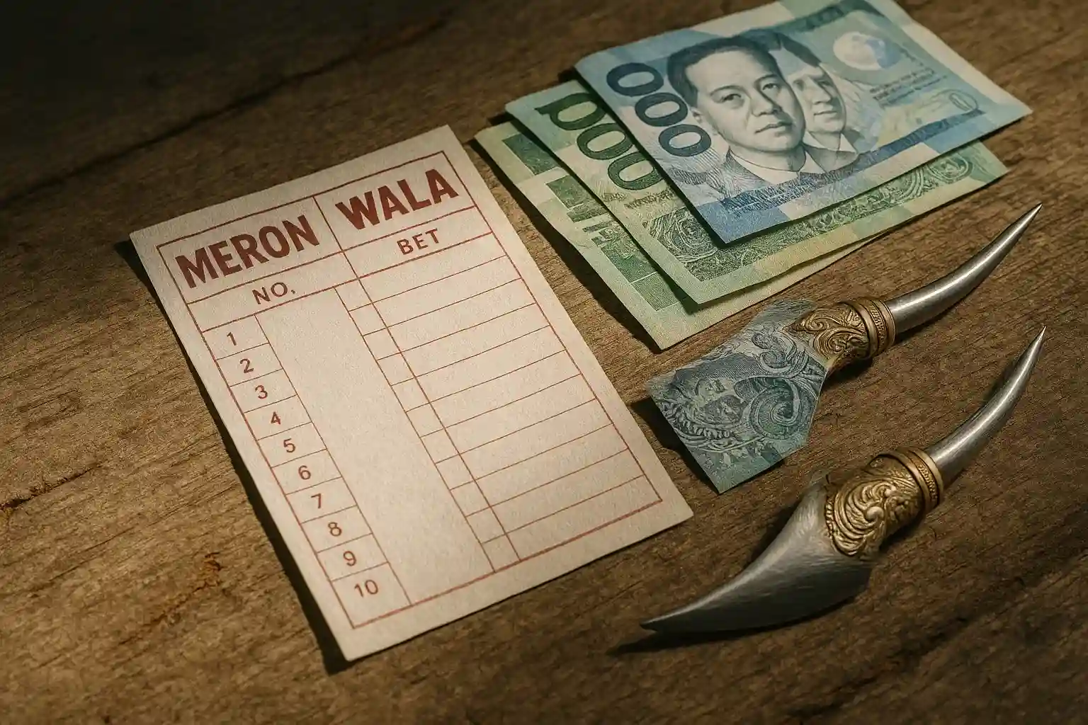 Macro photo of sabong betting slip, peso bills, and fighting spurs