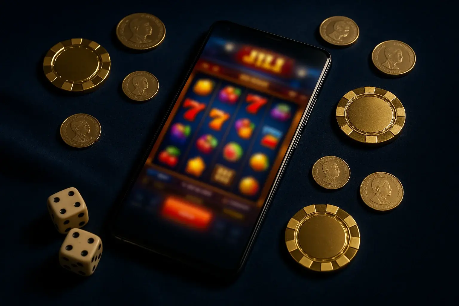 Android smartphone showing blurred JILI slot reels with chips, PHP coins, dice