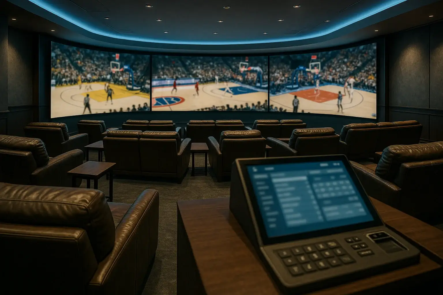 Ultra-realistic wide shot of premium sports betting lounge in Manila